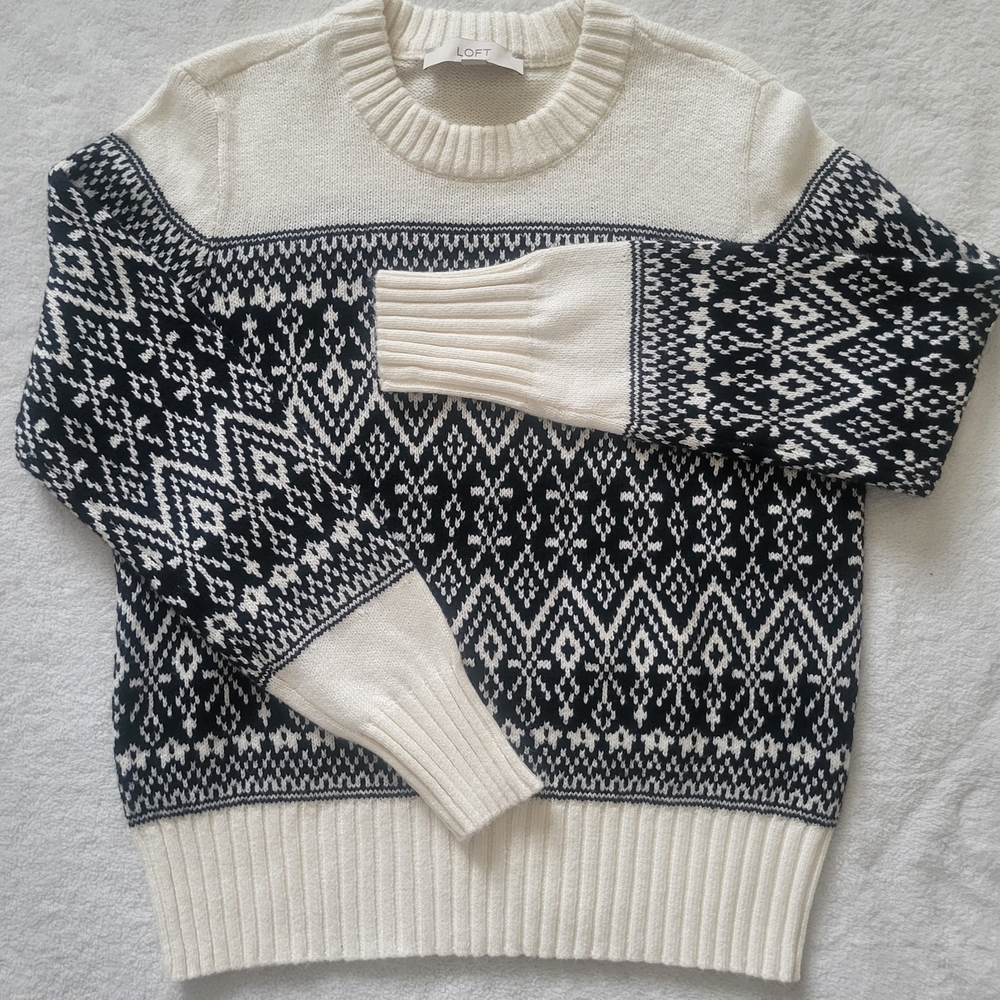 LOFT Black and White Crewneck Sweater Nordic Design Women's Size M
